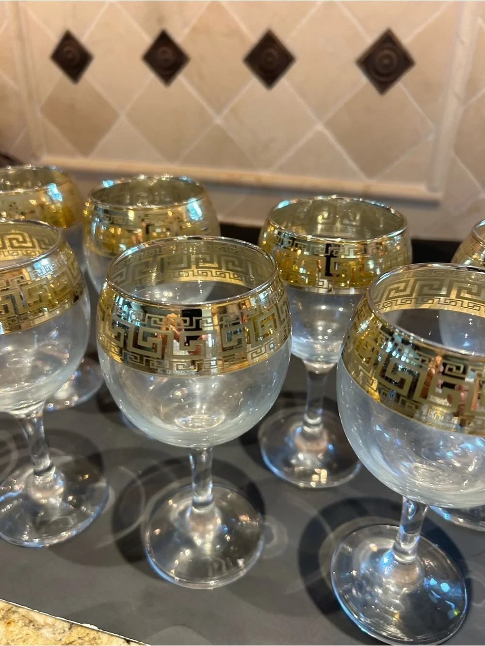 8 Vintage Gold Rimmed Greek Key Wine Goblets Glasses- Lead Free Glasses.